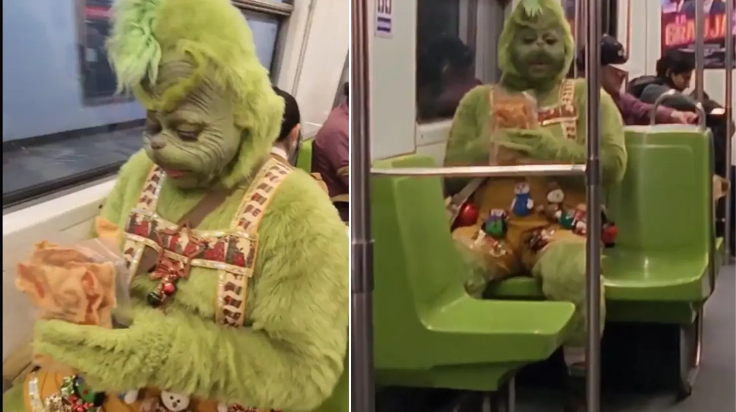 Hombre disfrazado de Grinch en el Metro de CDMX. Foto: captura de pantalla | el.michi.vaquero.oficial