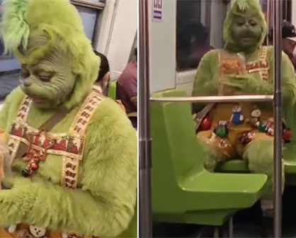 VIDEO | Pasajeros captan al Grinch comiendo chicharrones dentro del Metro CDMX