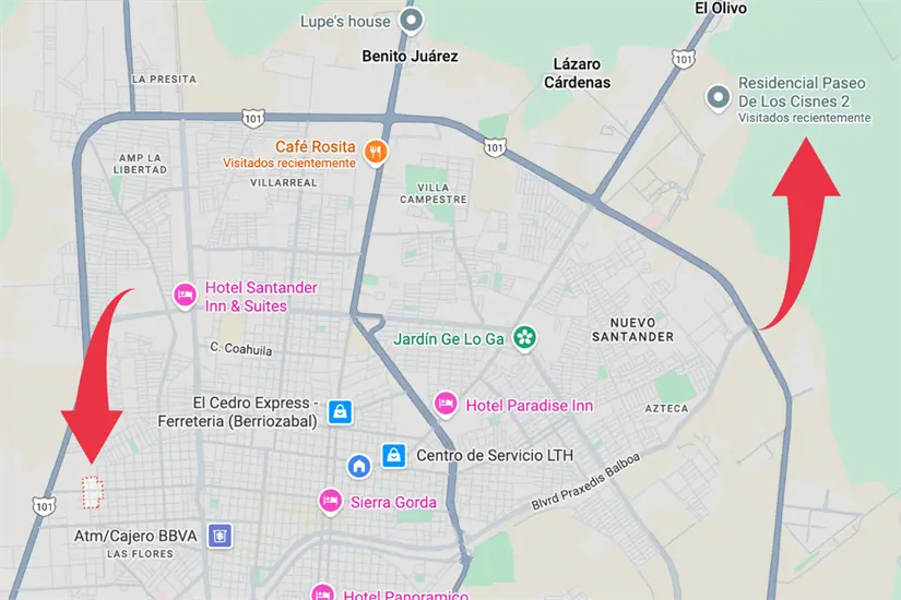 Los hechos iniciaron en la colonia Miguel Alemán y concluyeron cerca del Fraccionamiento los Cisnes al otro lado de la ciudad. Foto: Google Maps