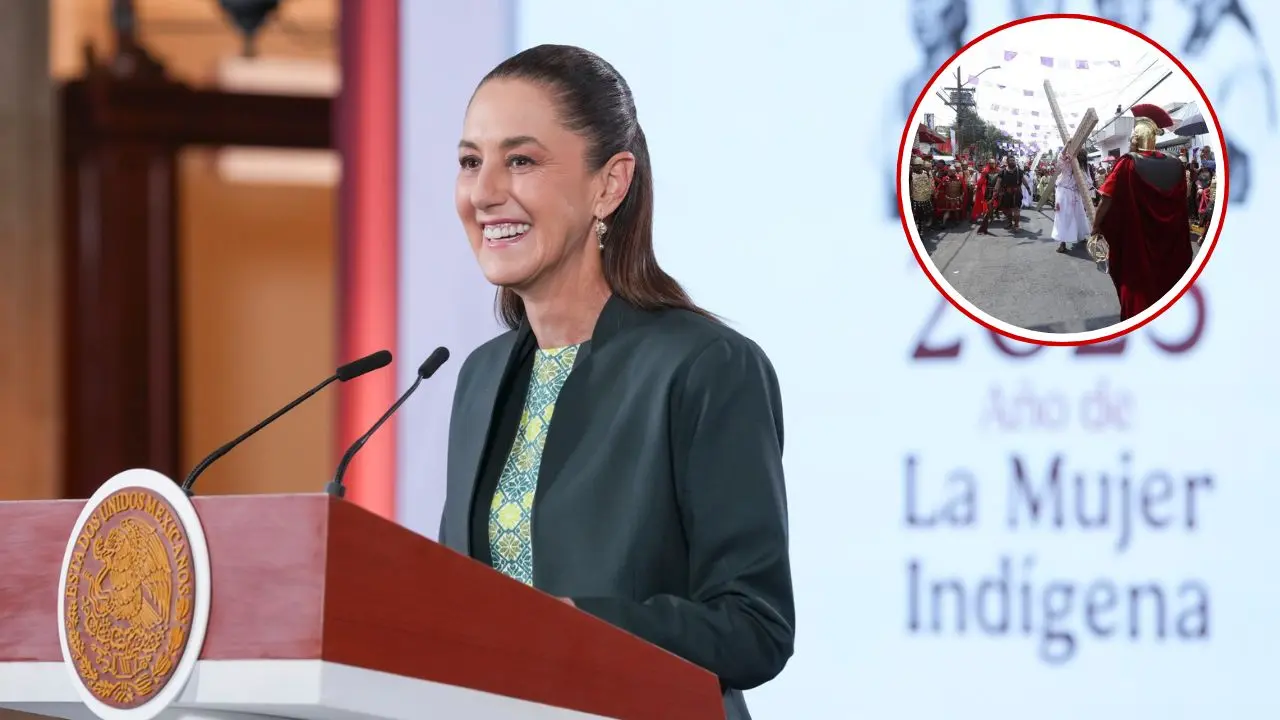 Presidenta de México, Claudia Sheinbaum durante conferencia mañanera, representación del Viacrucis de Iztapalapa Foto: Presidencia de la República | Facebook (COSSIAC) | Canva