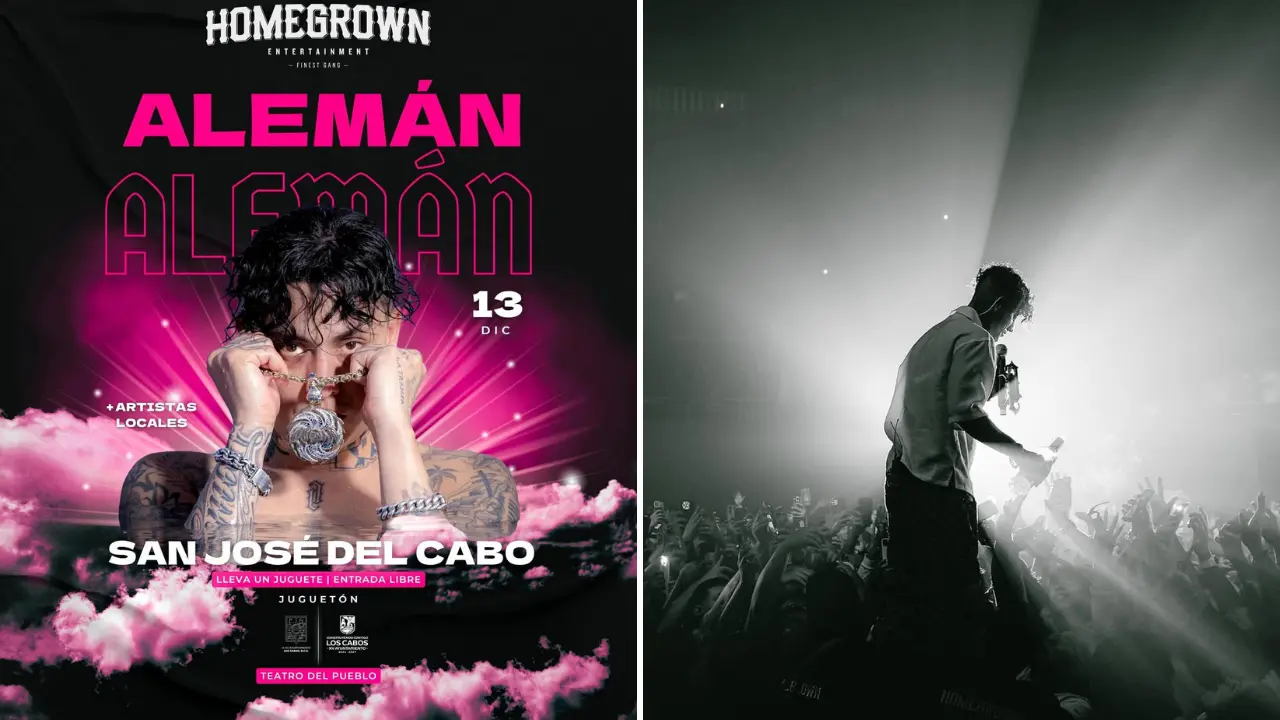 Cartel promocional del concierto gratuito de Alemán en San José del Cabo como parte del Juguetón 2025. Foto: Alemán / Facebook