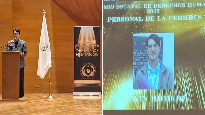 imagen recuadro Edwin Guillermo Romero García participa en la ceremonia tras ser reconocido como personal destacado de la CEDH BCS. Foto: Yuridia Avila Arellanes / Facebook