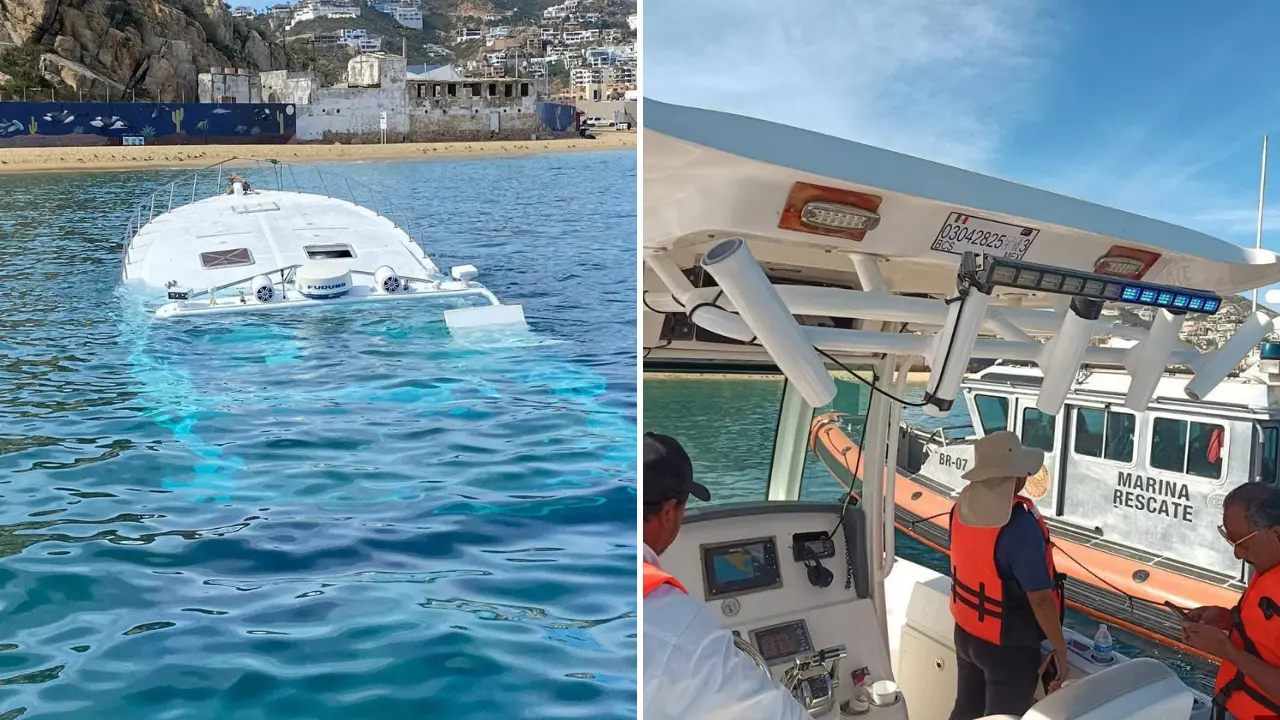 La embarcación “Adiós” parcialmente sumergida frente a la empacadora en la bahía de Cabo San Lucas. Foto: FONMAR BCS