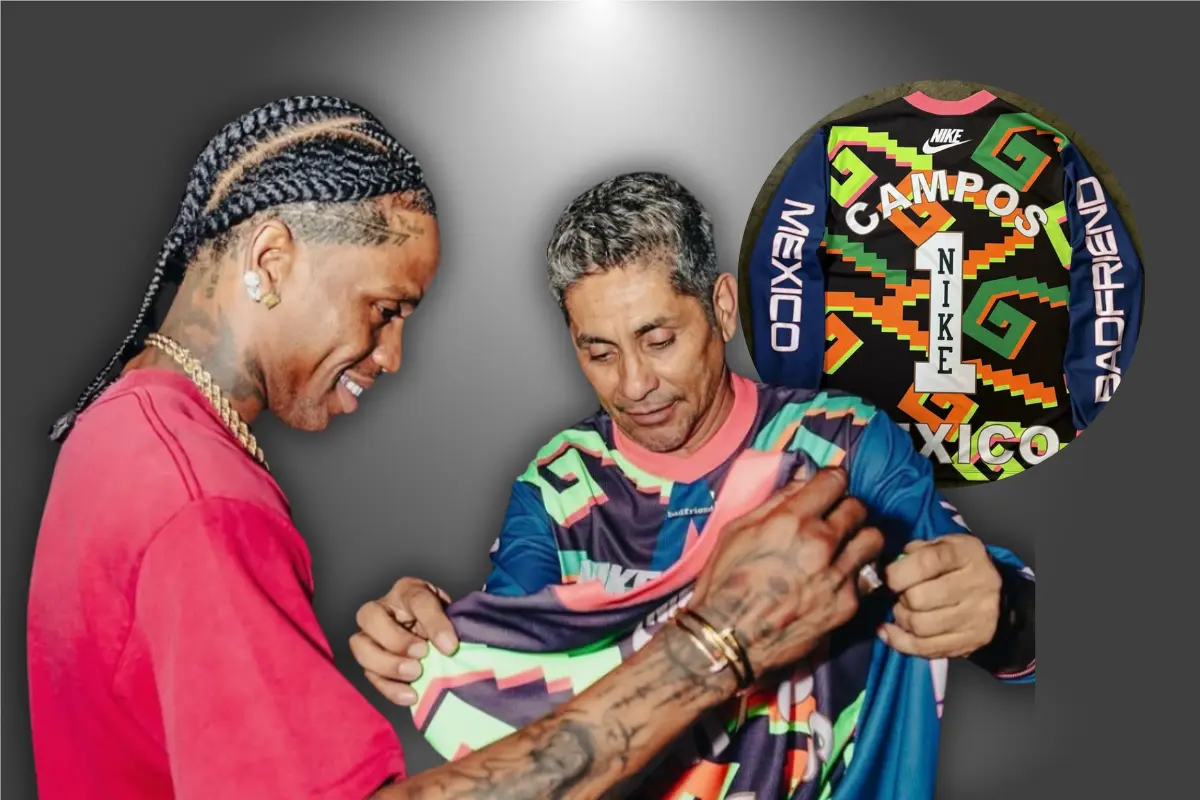 Jorge Campos entrega a Travis Scott el jersey edición limitada que fusiona su estilo noventero con la estética Cactus Jack (Foto: X @RockCervezaPuma / Canva)
