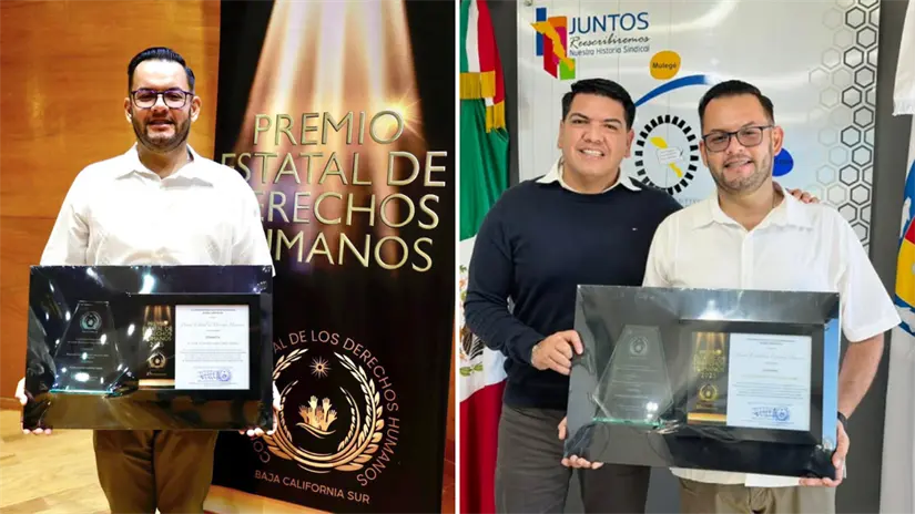 imagen recuadro José Alonso Martínez Gómez sostiene el reconocimiento otorgado en la categoría Ciudadanía. Foto: Sutcecyte Bcs / Facebook