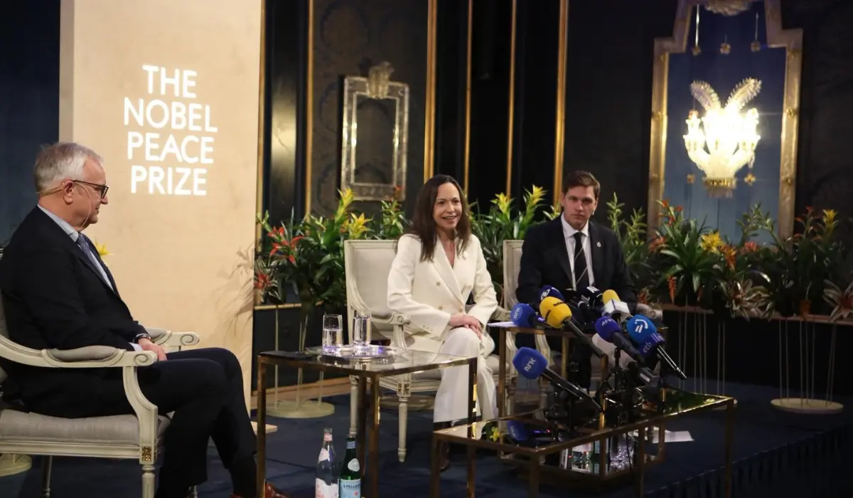 María Corina Machado en conferencia de prensa organizada por el comité del Nobel. Foto: X (@ConVzlaComando)