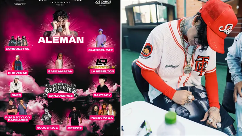 imagen recuadro Cartel con los proyectos locales que acompañarán a Alemán en el Juguetón 2025; a la derecha, el rapero firma artículos para sus seguidores. Foto: Clan Del Rap / Facebook| Alemán / Facebook