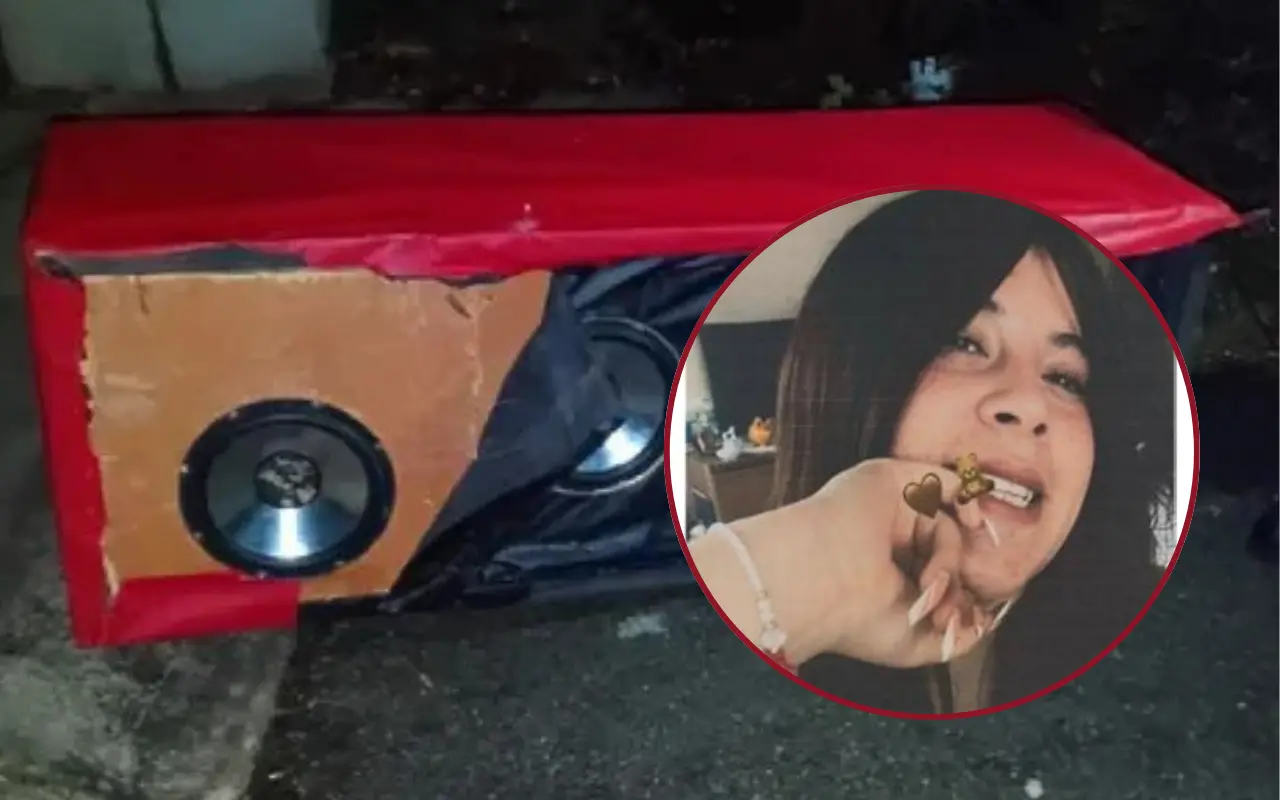 Yareth Alexandra Quintero Gonzalez, fue hallada dentro de esta bocina de madera. Foto: X/ @FernandoCruzFr7 | FB/ Comisión de Búsqueda de Personas del Edoméx (Canva)