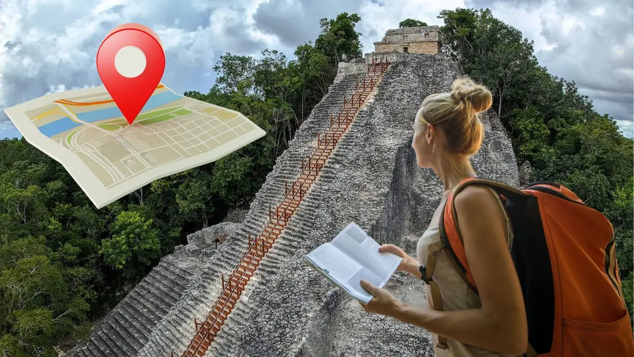 Al fondo, aspecto de la pirámide Nohoch Mul, ubicada en la zona arqueológica de Cobá, en Quintana Roo.- Fuente INAH y Canva