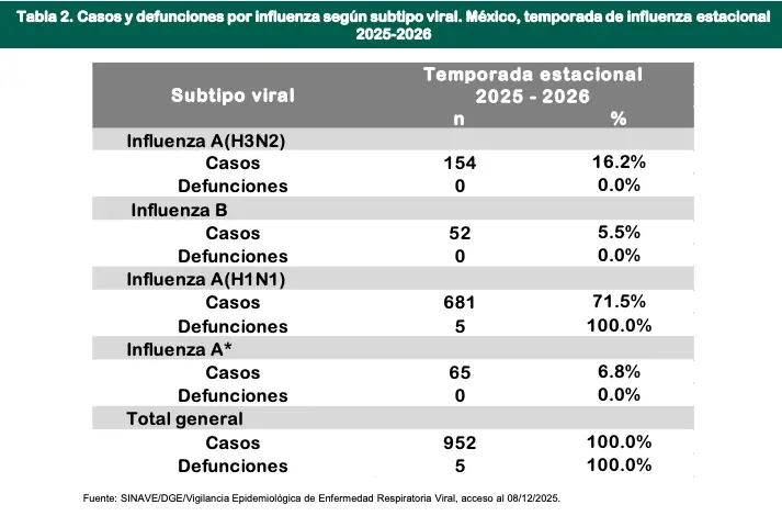 imagen recuadro Tabla de número de casos y defunciones en México por influenza. Captura de pantalla: Dirección de Vigilancia Epidemiológica de Enfermedades Transmisibles