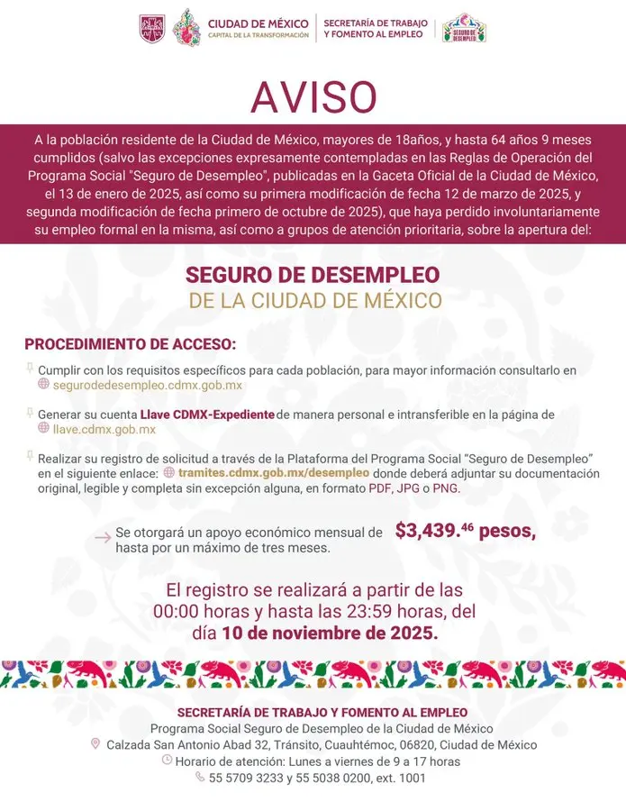 imagen recuadro Aviso del seguro de Desempleo. Foto: X @TrabajoCDMX