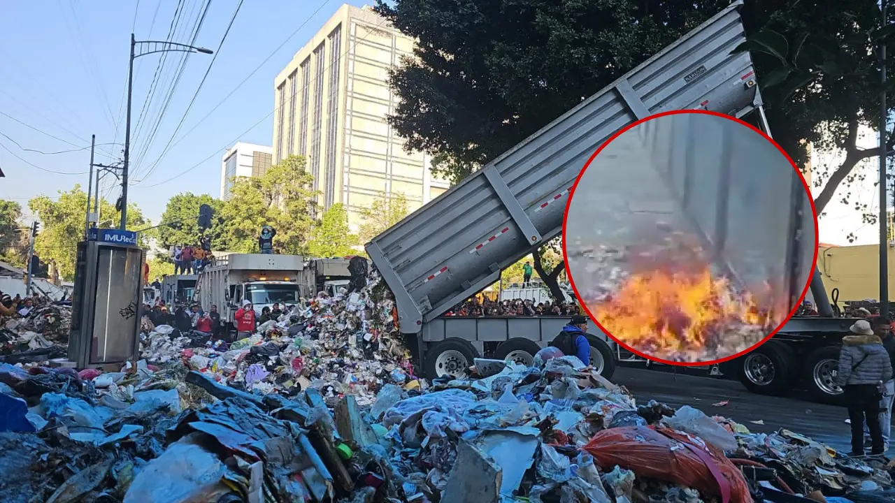 Trabajadores de limpieza protestan tirando toneladas de basura y queman parte de ella en CDMX | Foto: Ramón Ramírez