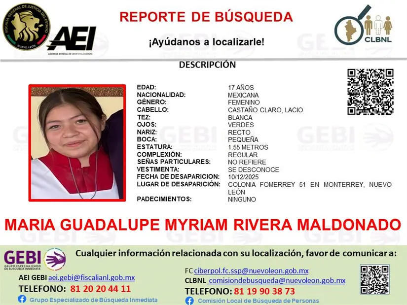 imagen recuadro Ficha de búsqueda de María Guadalupe Myriam Rivera Maldonado. Foto: AEI.