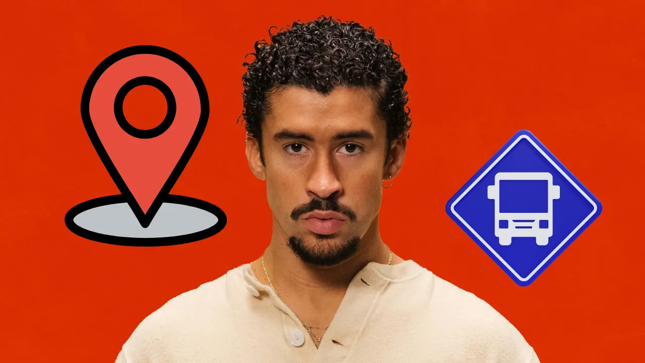 Bad Bunny e imágenes de referencia de rutas en autobús por programa Regresa Seguro a Casa del Gobierno de la CDMX. | Bad Bunny Oficial | Canva Pro