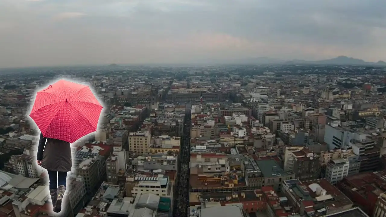 Vista aérea del clima en CDMX, mujer con paraguas Foto: X (@webcamsdemexico) | Canva