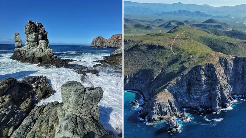imagen recuadro Imagen aérea de la ruta completa hacia los Cantiles de Poseidón. El sendero serpentea desde la playa hasta los riscos, ofreciendo una experiencia de aventura segura si se toman precauciones. Foto: Alex Aventura / Facebook