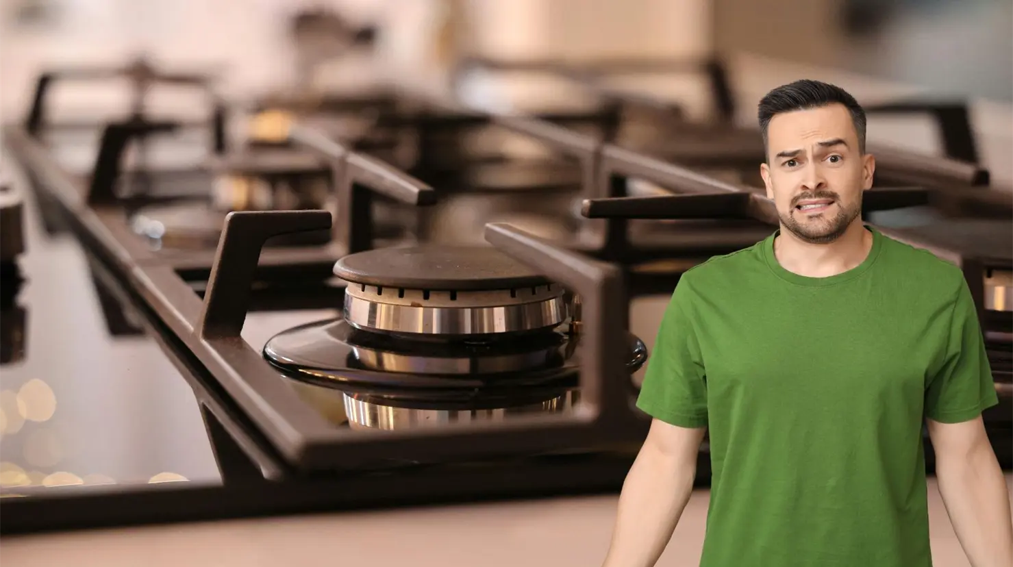 Imagen de estufa y hombre preocupado. (Canva)