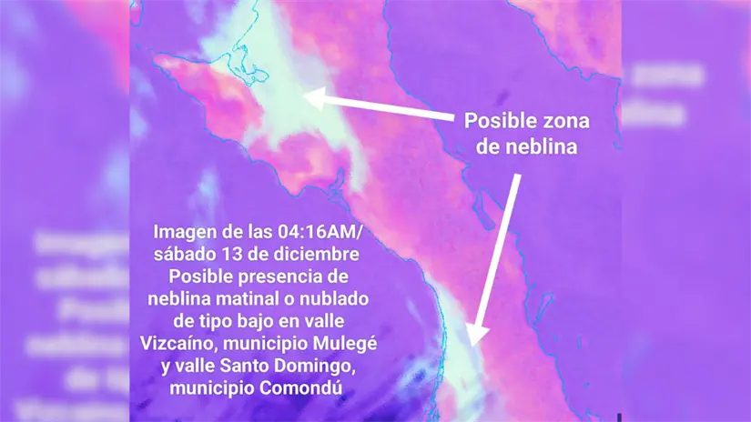 imagen recuadro Imagen de satélite muestra las zonas donde se pudo formar neblina matinal en el norte de Baja California Sur este sábado. Foto: Subsecretaría de Protección Civil BCS
