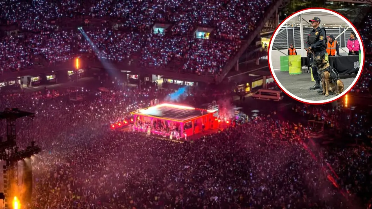 Estadio GNP durante concierto de Bad Bunny, policía de SSC con Killer. Foto: IG (@estadiognpseguros) | X (@SSC_CDMX) | Canva