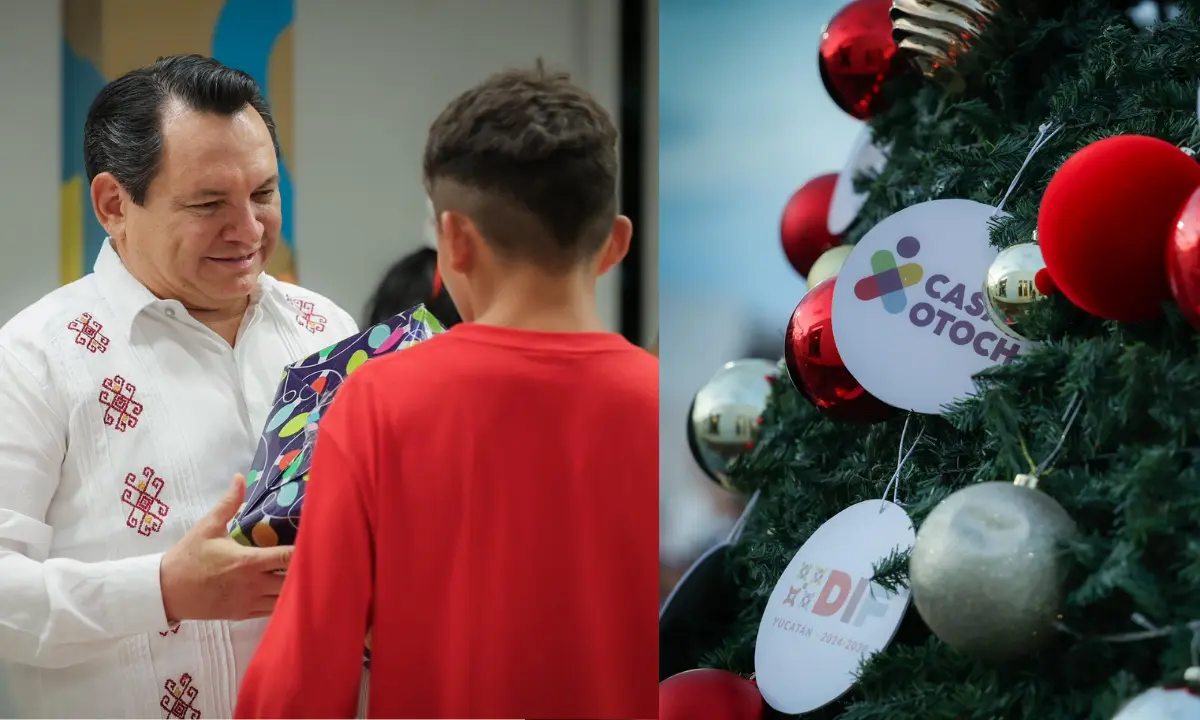 Joaquín Díaz Mena entrega regalo a niños y adolescentes en Casa Otoch Foto: Gobierno de Yucatán