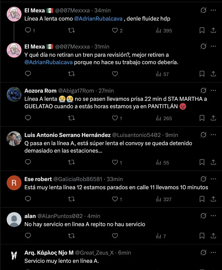 imagen recuadro Comentarios de usuarios de la Línea A del Metro CDMX. Foto: captura X (@MetroCDMX)