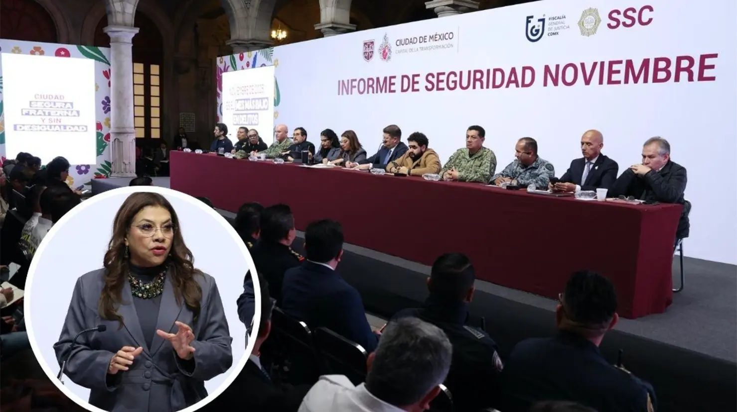 Presentación de Clara Brugada sobre la baja histórica de los delitos en CDMX. Foto: Gobierno de CDMX | Canva