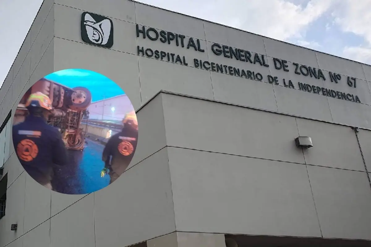 La clínica 67 del IMSS de Apodaca brinda atención a las personas lesionadas tras la volcadura de un camión de la ruta 611 Pesquería en la avenida Miguel Alemán, del municipio de Apodaca. Foto: Facebook Protección Civil Nuevo León / Canva