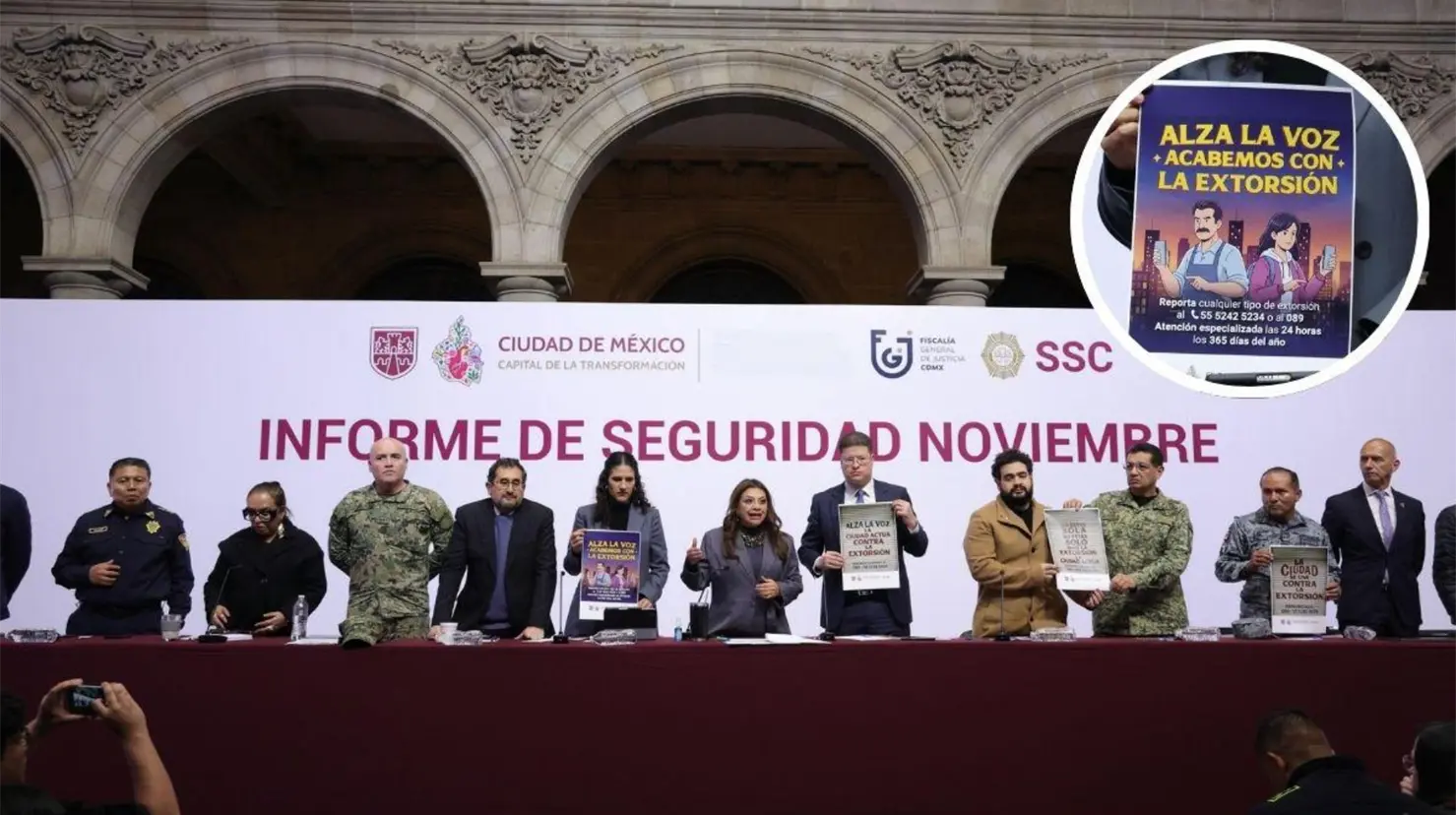 Lanzamiento del programa Vamos por una ciudad libre de extorsión por Clara Brugada. Foto: Gobierno CDMX | Canva