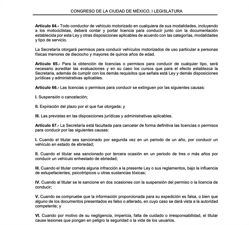 imagen recuadro Artículo 67 de la Ley de Movilidad de la CDMX. Foto: Congreso de la CDMX