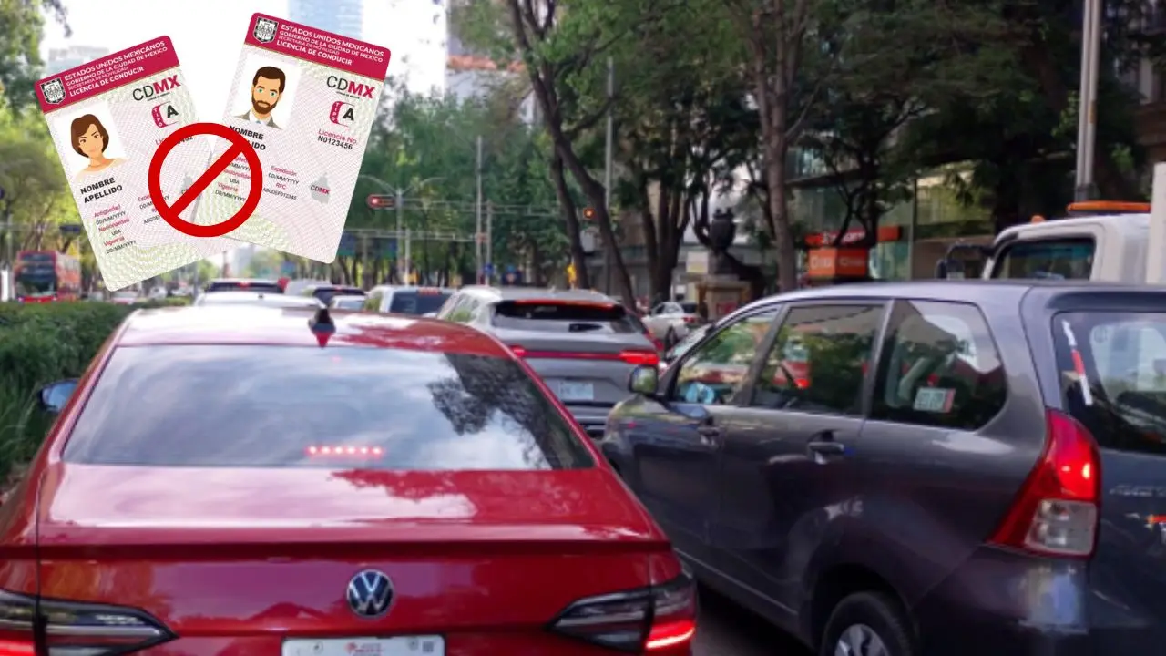 Autos circulando en CDMX, licencia permanente, símbolo de prohibido. Foto: X (@OVIALCDMX) | Semovi | Canva