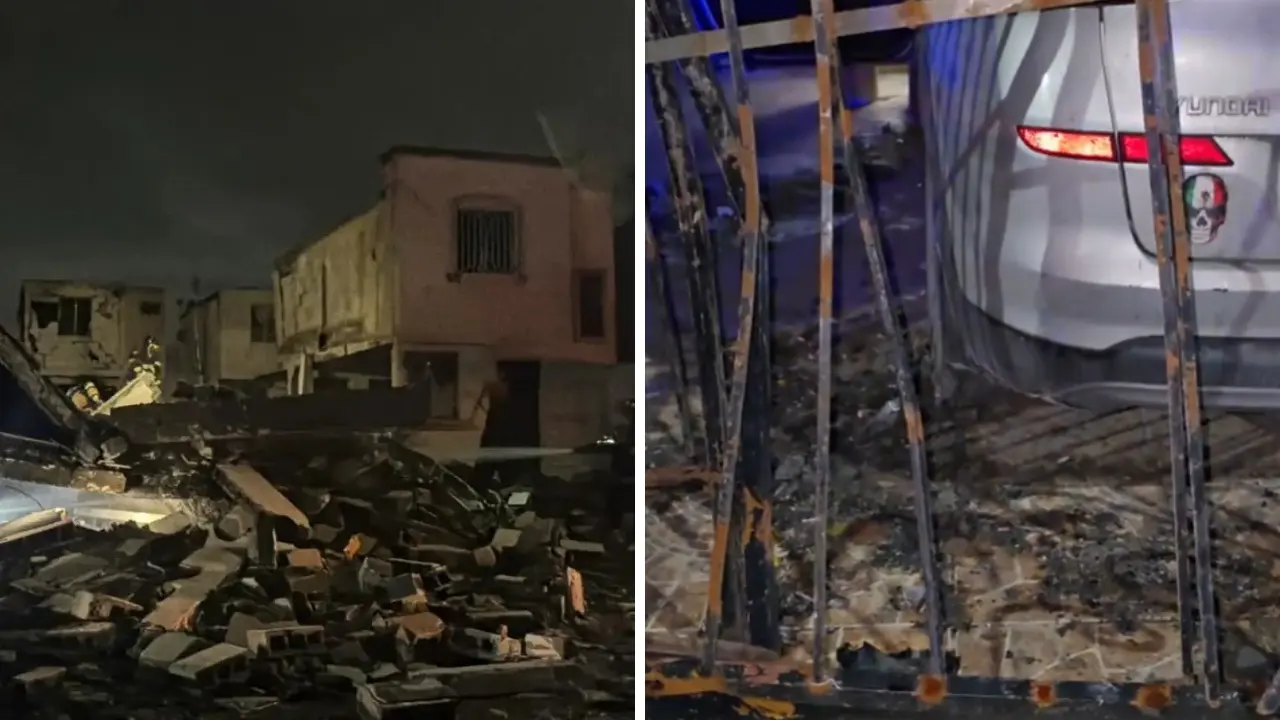 Zona de la explosión en la colonia Olmos en el municipio de Pesquería, Nuevo León. Foto: Facebook Protección Civil de Nuevo León I TikTok Mayté Rangel