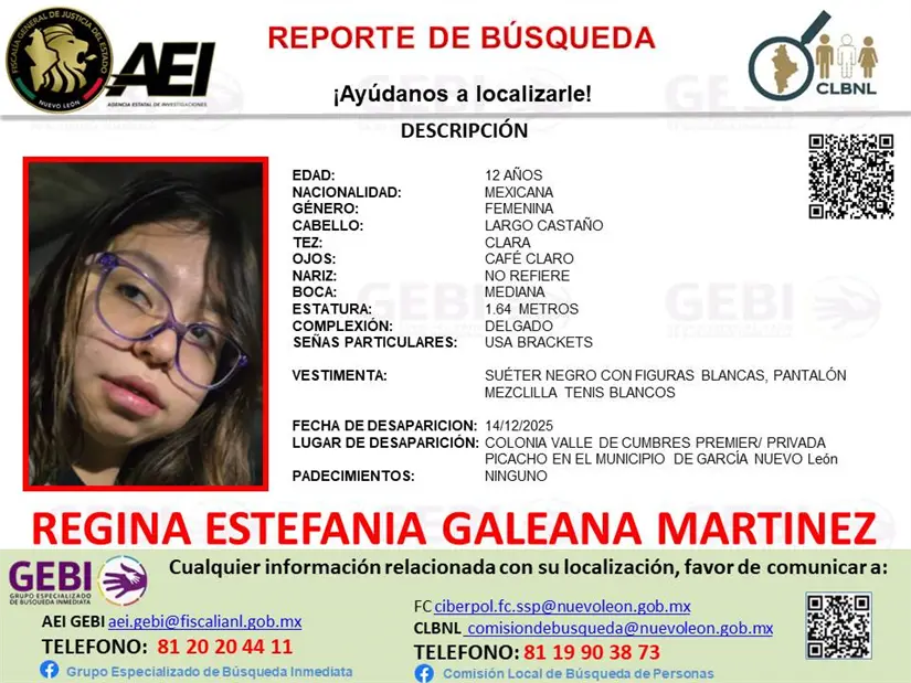 Regina Estefanía Galeana Martínez es una niña de 12 años de edad, cuya desaparición fue reportada recientemente en el municipio de García. Foto: GEBI Nuevo León