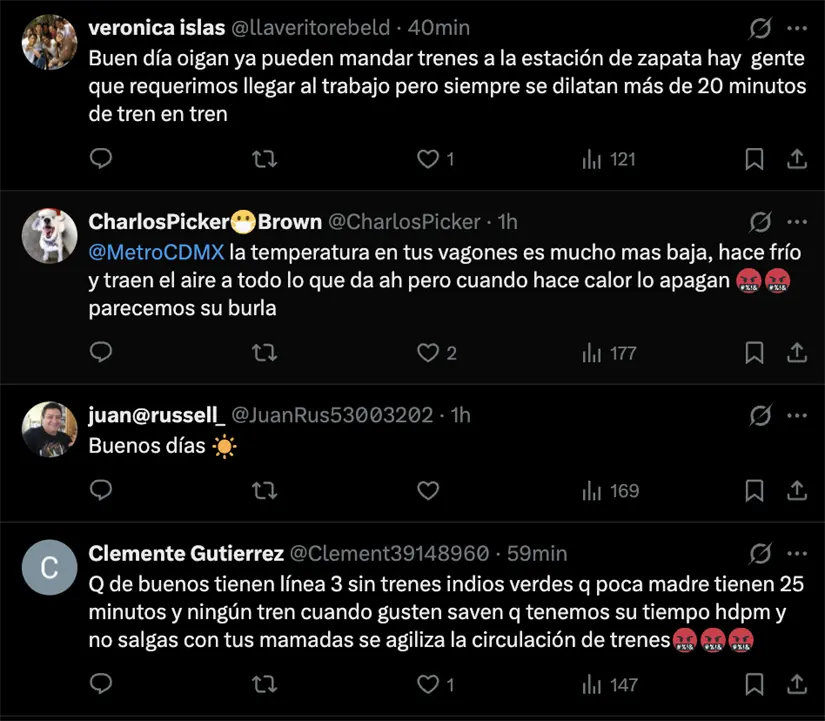 imagen recuadro comentarios de redes sobre retrasos de Línea 3 del Metro CDMX. Foto: X (@MetroCDMX)
