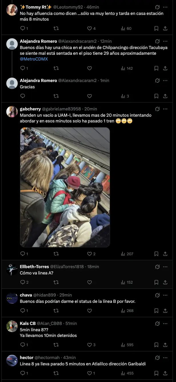 imagen recuadro Comentarios de usuarios del Metro CDMX sobre servicio Foto: captura X (@MetroCDMX)