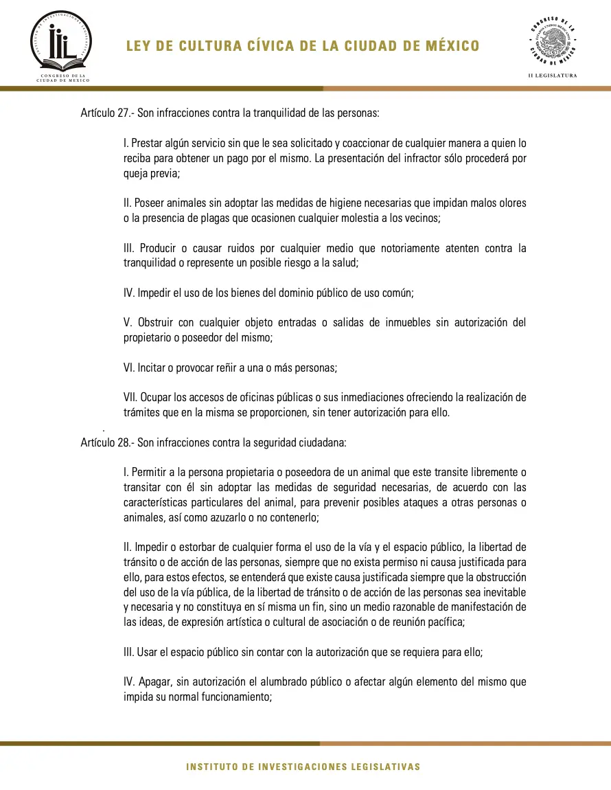 imagen recuadro Artículos 27 y 28 de la Ley de Cultura Cívica de la CDMX donde habla de las multas Foto: Congreso CDMX
