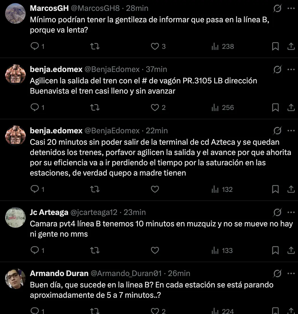 imagen recuadro Comentarios usuarios sobre el servicio del Metro CDMX. Foto: captura X (@MetroCDMX)