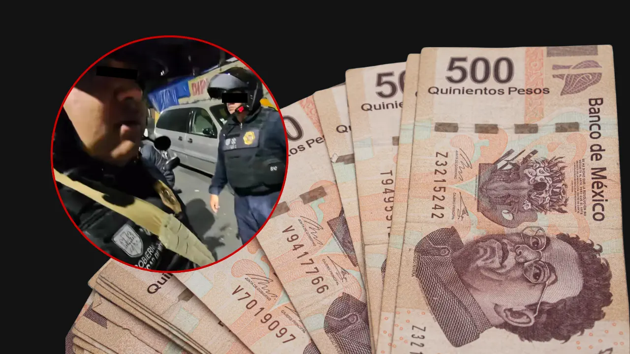Foto de los oficiales acusados de pedir soborno a motociclistas en CDMX, y dinero por cantidad pedida al momento de los hechos. | Angel Ramos (@angel_ramos463) | Canva Pro