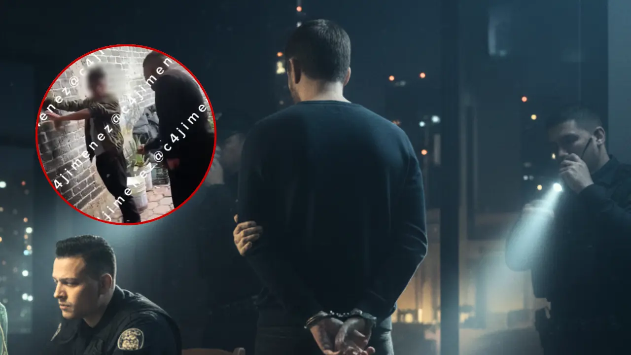 Imagen de referencia del arresto de uno de los posibles implicados en el asesinato de un supuesto extorsionador en CDMX, e imagen de uno de los vídeos donde este golpeaba y amenazaba a las víctimas. | Gemini IA | Carlos Jiménez (X @c4jimenez)