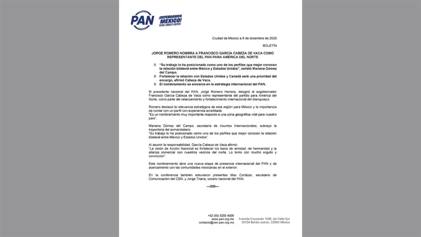 Nombramiento de Francisco García Cabeza de Vaca como representante del PAN en América del Norte | Foto: FB Francisco Cabeza De Vaca