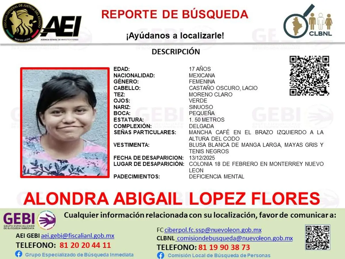 Alondra Abigail López Flores, de 17 años, desapareció el pasado 13 de diciembre de 2025 en la colonia 18 de Febrero de Monterrey. Foto: Facebook Grupo Especializado de Búsqueda Inmediata