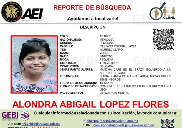 Desaparece Alondra Abigail, de 17 a&ntilde;os, en la colonia 18 de Febrero en Monterrey