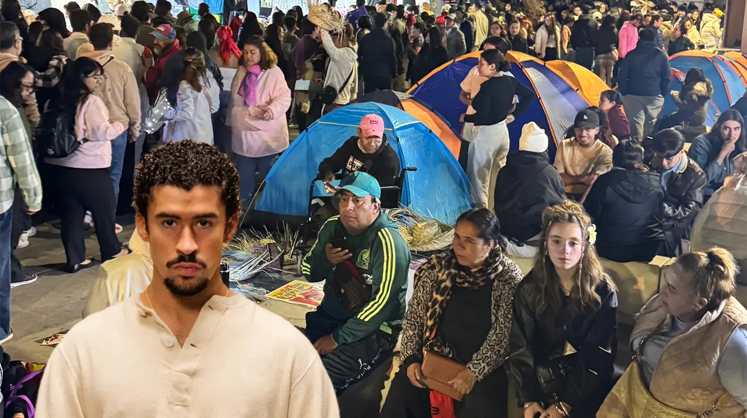 Decenas de fans de Bad Bunny han convertido las inmediaciones del Estadio GNP en una pequeña ciudad de carpas, cobijas y termos. Foto: Otto Rojas