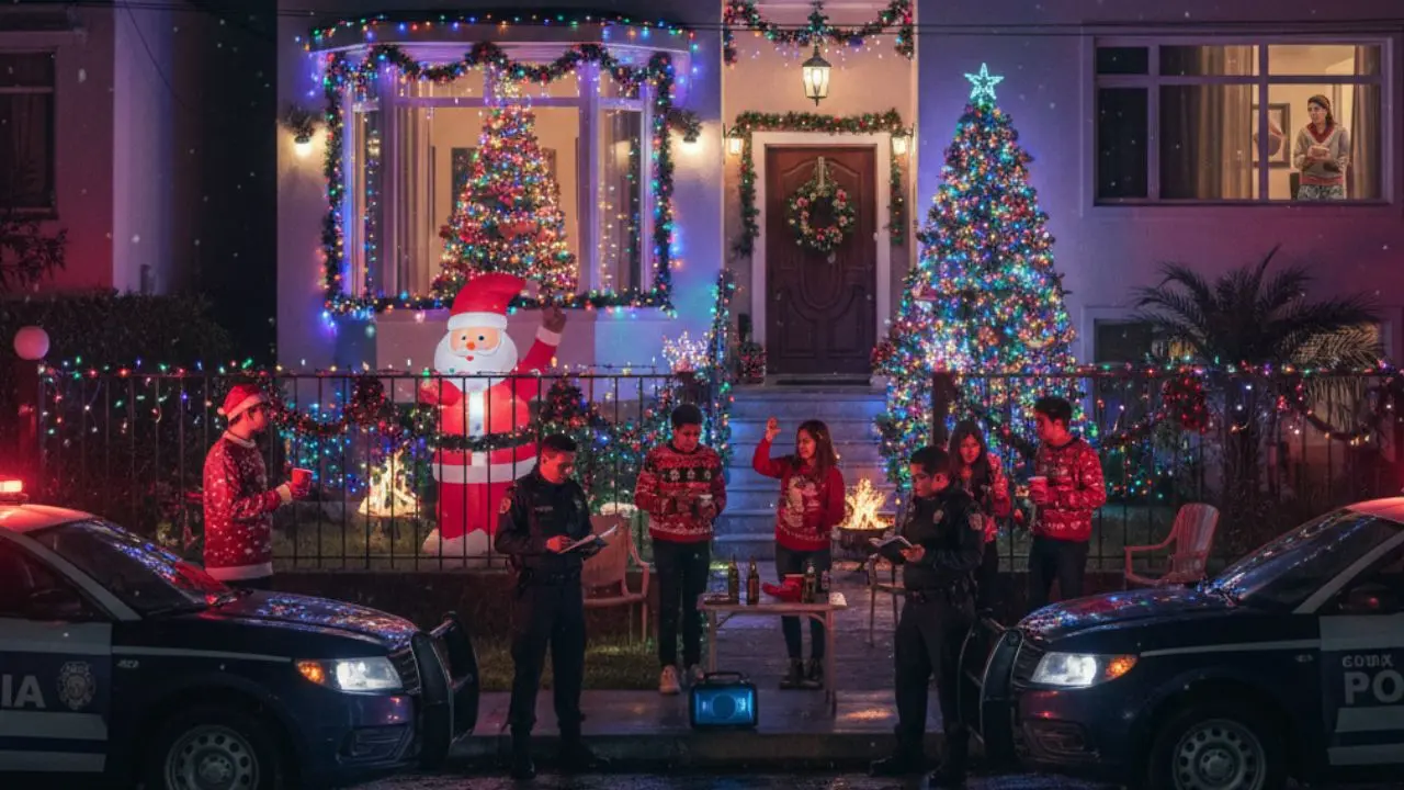 Policía de CDMX en una casa levantando una multa por cometer una infracción durante navidad. Foto: creada con IA