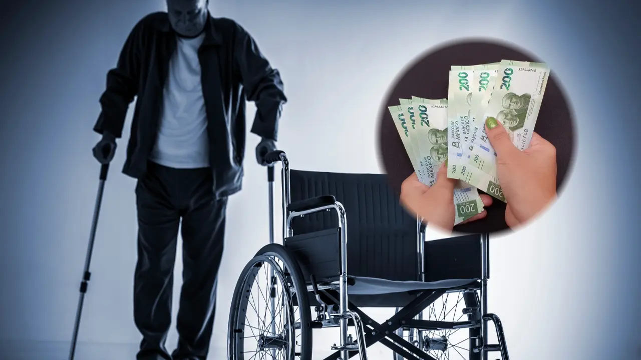 Una persona con muletas, una silla de ruedas y dinero en efectivo. Foto: Canva