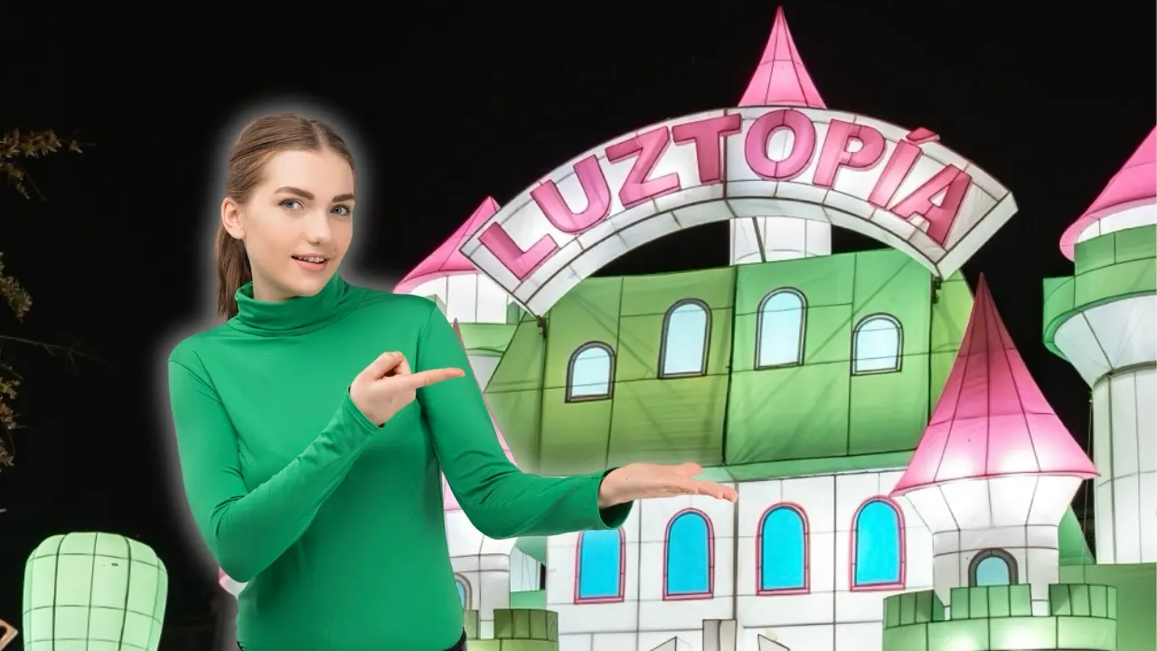 El castillo de Luztopía y una mujer señalando. Foto: Facebook Luztopía I Canva