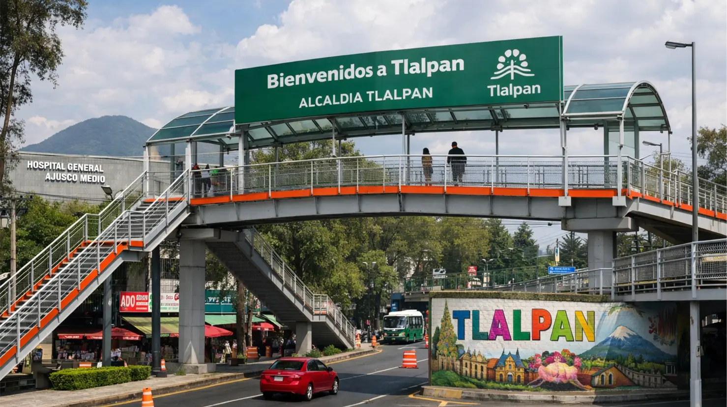 Puente peatonal en la alcaldía Tlalpan. Foto: IA | Canva