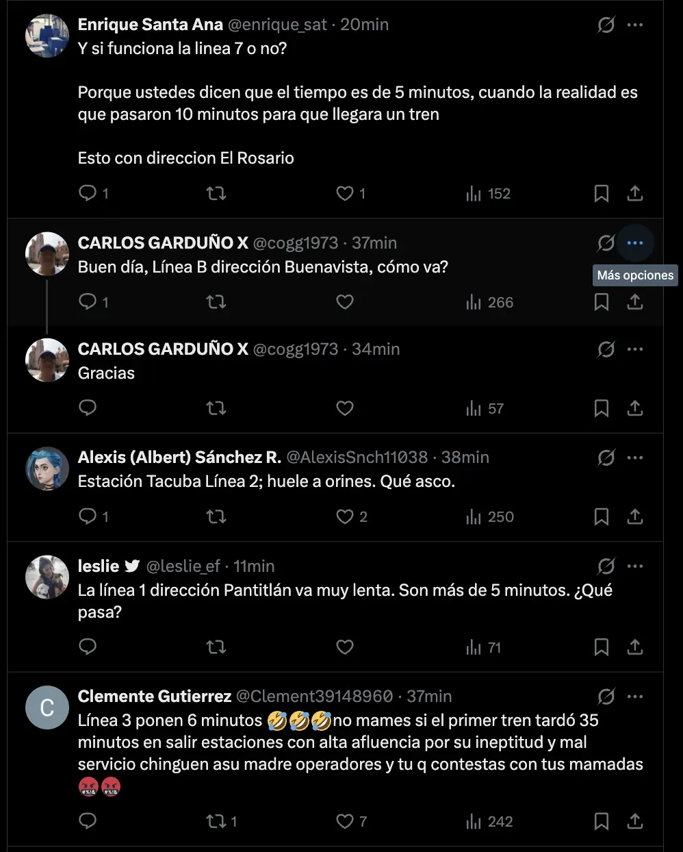 imagen recuadro Comentarios usuarios sobre el servicio del Metro CDMX. Foto: captura X (@MetroCDMX)