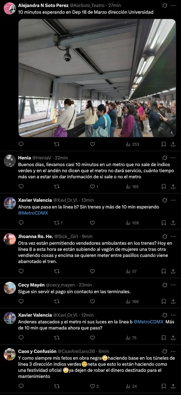 imagen recuadro Comentarios usuarios sobre el servicio del Metro CDMX. Foto: captura X (@MetroCDMX)