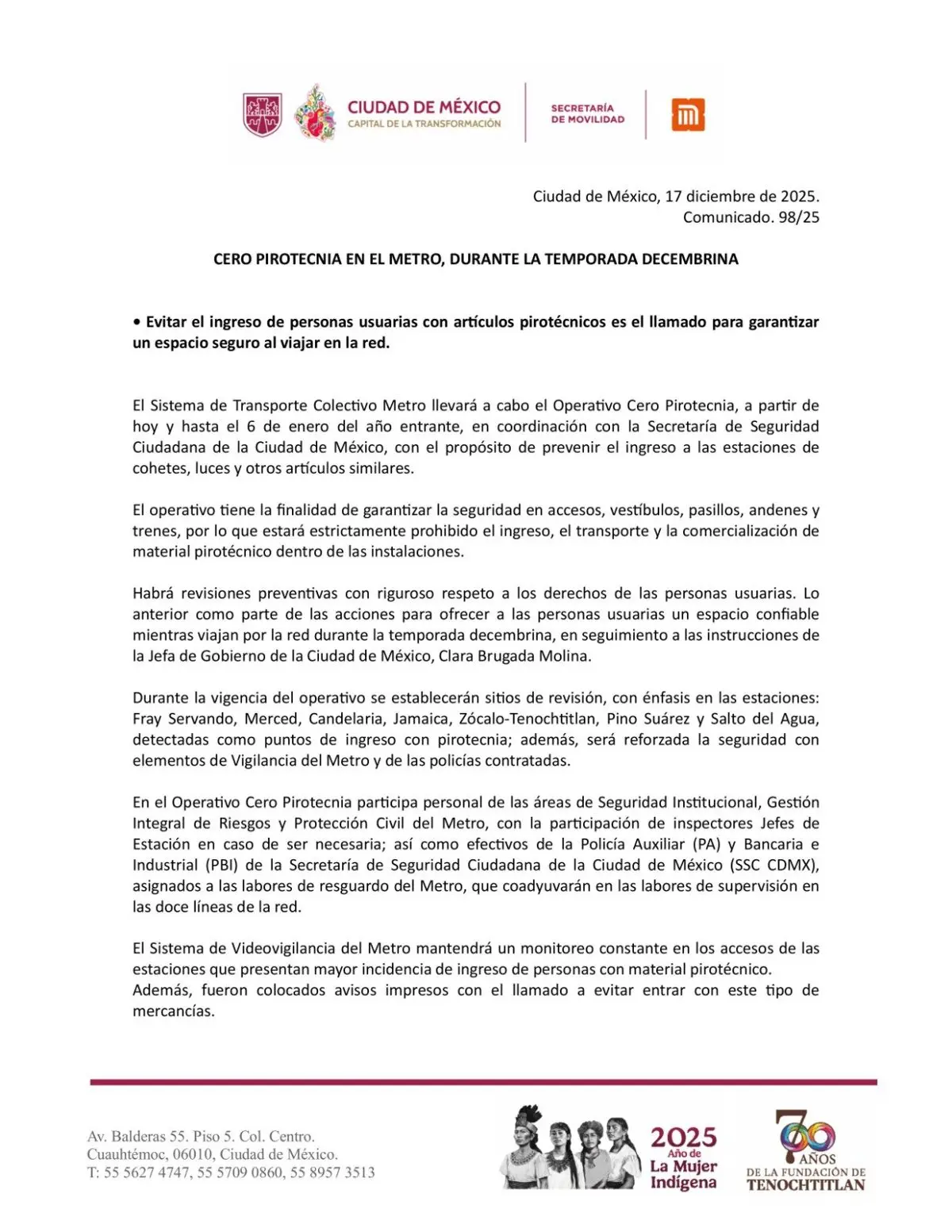 imagen recuadro Comunicado del Metro sobre el operativo Cero Pirotecnia. Foto: X@MetroCDMX