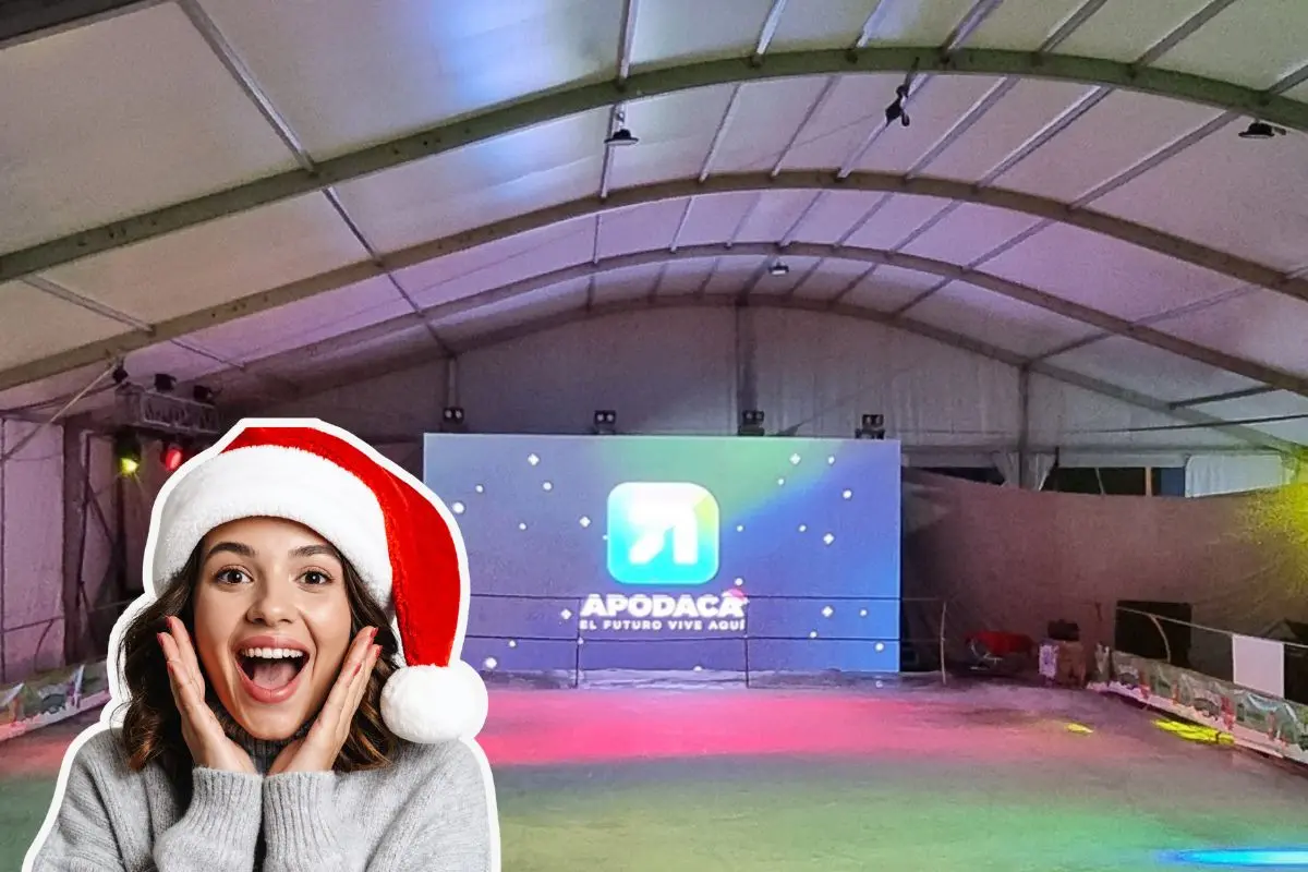 La pista de hielo de Navidad Contigo 2025 de Apodaca permanecerá abierta al público hasta el próximo 6 de enero de 2026 y es totalmente gratuita. Foto: Facebook Explorando Monterrey / Canva